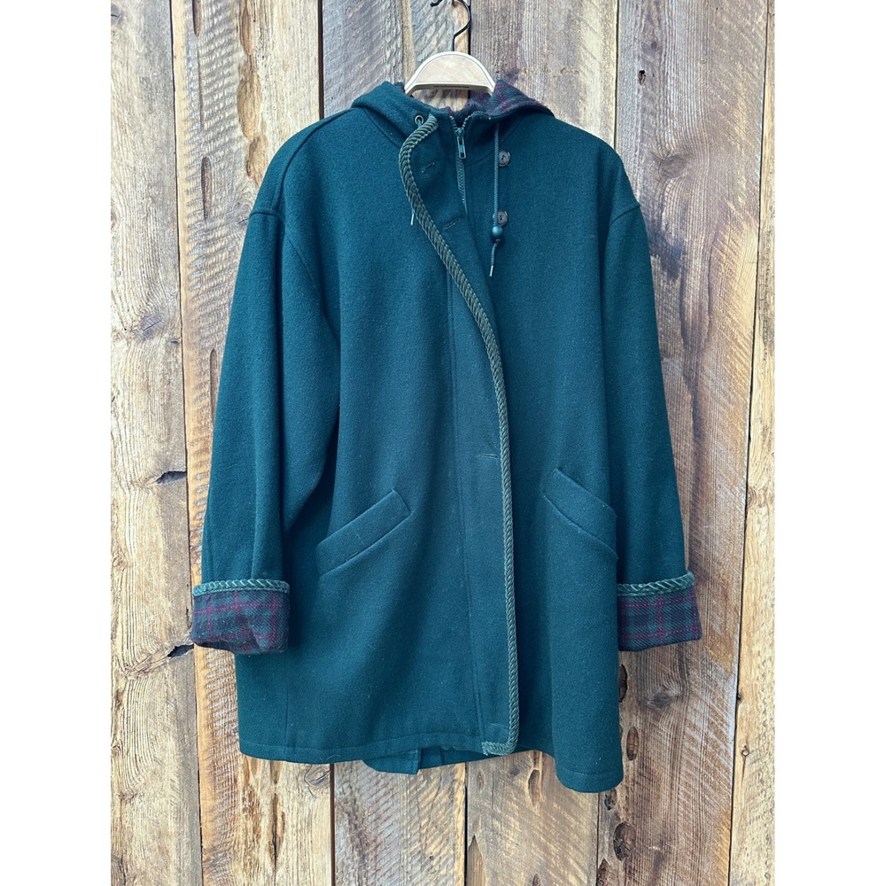 Vintage Herman Kay Wool‎ Hooded Coat Plaid Trim Green Cottagecore Oversized USA